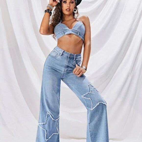 Vintage Style Western Festival Boho Denim Halter Tie Neck Backless Crop Top Bra - Picture 5 of 13